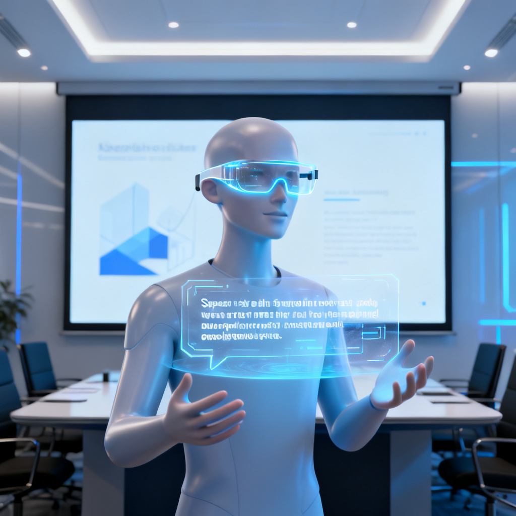 A digital human avatar presenting a slide on a large screen, with a transparent AI smart glasses interface showing the speech text. The scene is set in a modern conference room.
