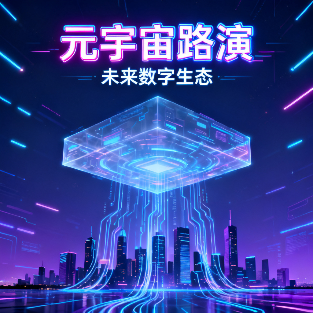 赛博朋克风格元宇宙路演PPT，霓虹灯光，全息投影，数据流，未来城市天际线，蓝色与紫色调