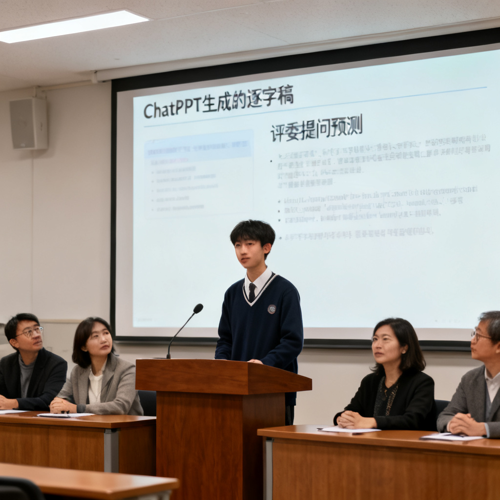 一个学生站在答辩台上,屏幕显示ChatPPT生成的逐字稿和评委提问预测,评委席表情专注