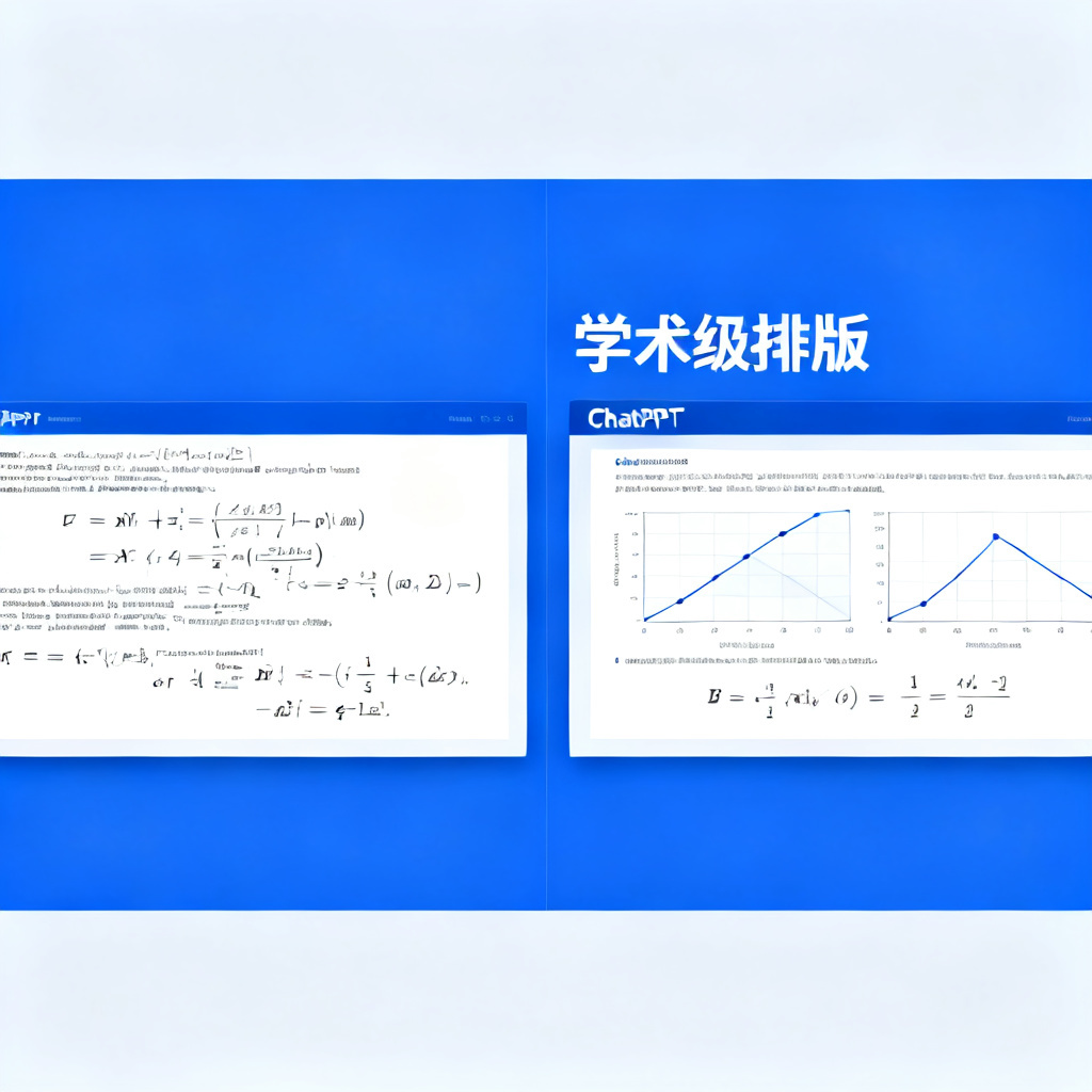 对比展示两个PPT页面，左侧是排版杂乱、公式错位的幻灯片，右侧是ChatPPT生成的、包含清晰图表和正确公式的严谨学术风格幻灯片，标注“学术级排版”。