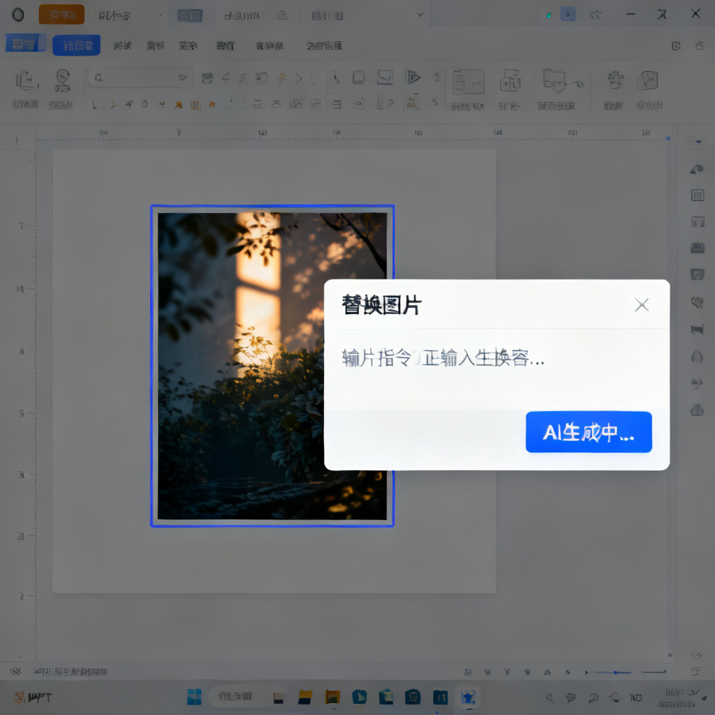 Magic涂画模式操作演示,用户用矩形框选PPT页面中的一张图片,输入替换指令,AI正在生成新内容,光影和风格与原页面完美融合,操作界面简洁直观