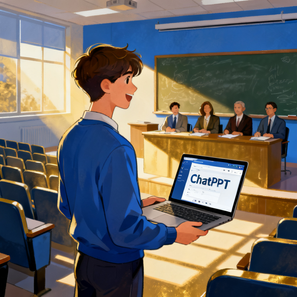 A motivational illustration showing a student confidently presenting in front of a panel of judges, with a laptop screen displaying the ChatPPT interface. The background shows a university lecture hall, with warm lighting and a positive atmosphere. The style is inspirational, with blue and gold tones.