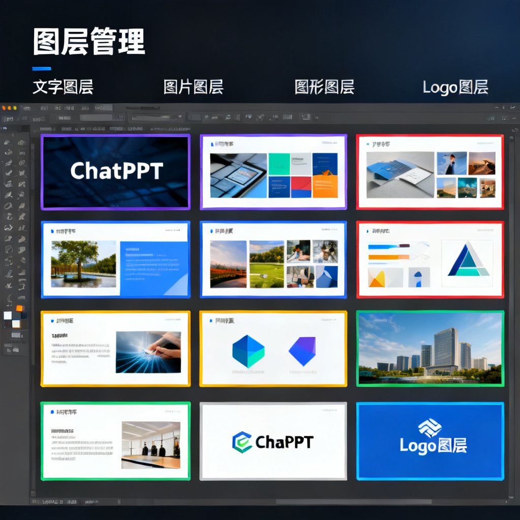 展示ChatPPT图层分离技术的界面，文字、图片、图形、Logo被分离为独立可编辑图层