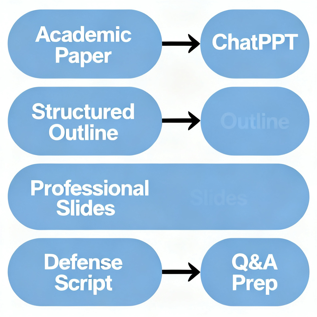 A flowchart showing the process: Academic Paper -> ChatPPT -> Structured Outline -> Professional Slides -> Defense Script -> Q&A Prep.
