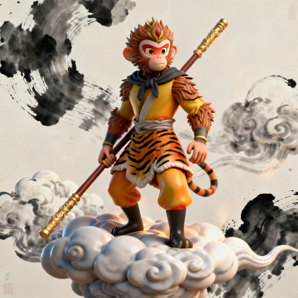 3D西游记风格，孙悟空在云端，水墨与立体结合，细节丰富