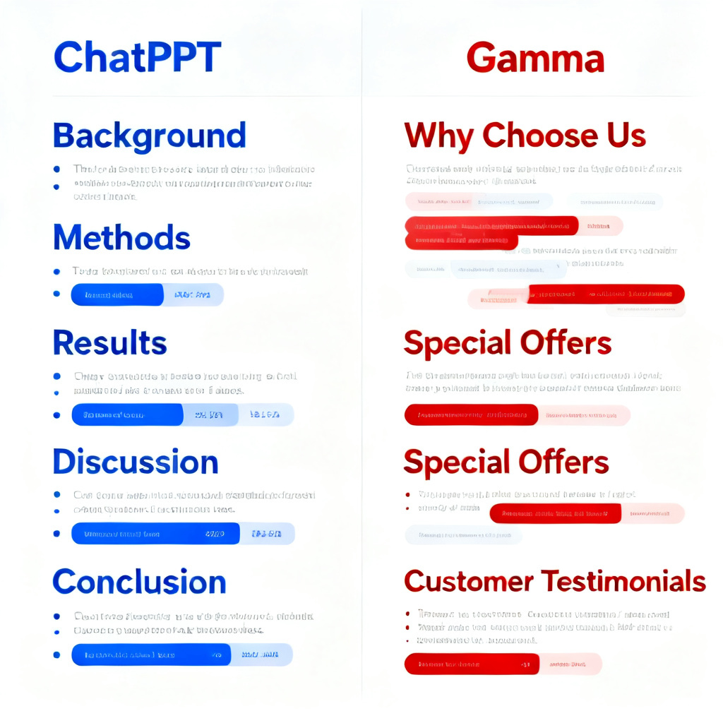 A side-by-side comparison of two AI-generated PPT outlines. Left side shows ChatPPT output with a clear academic structure (Background, Methods, Results, Discussion, Conclusion) and highlighted key data. Right side shows Gamma output with a disorganized structure, missing data points, and irrelevant marketing-style headings.