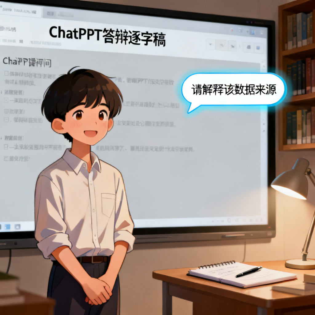 一张模拟答辩场景的插图,一个学生站在屏幕前,屏幕显示ChatPPT的答辩逐字稿界面,旁边有评委提问气泡,风格为写实插画,柔和光线,强调自信与准备充分。