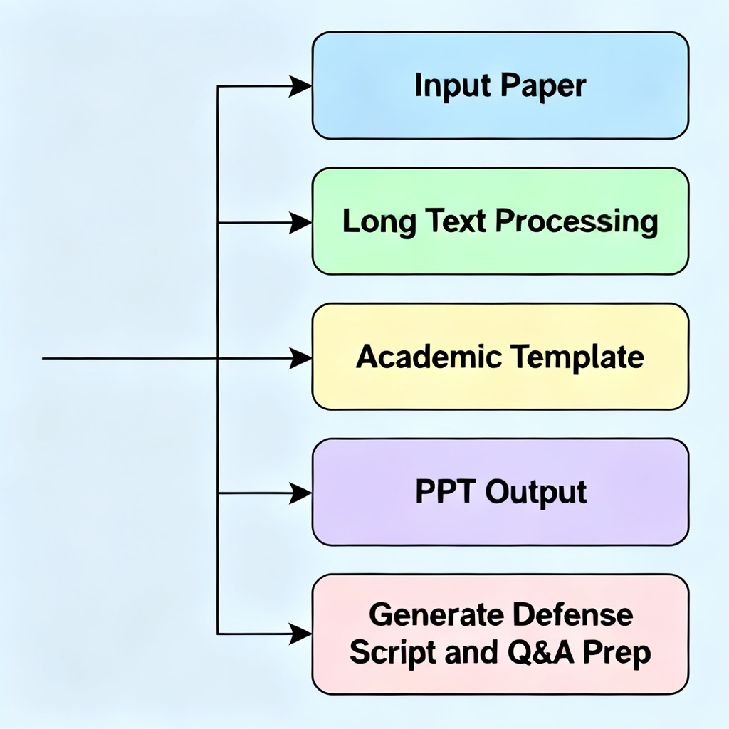 A flowchart showing ChatPPT's full workflow: Input Paper -> Long Text Processing -> Academic Template -> PPT Output -> Generate Defense Script and Q&A Prep