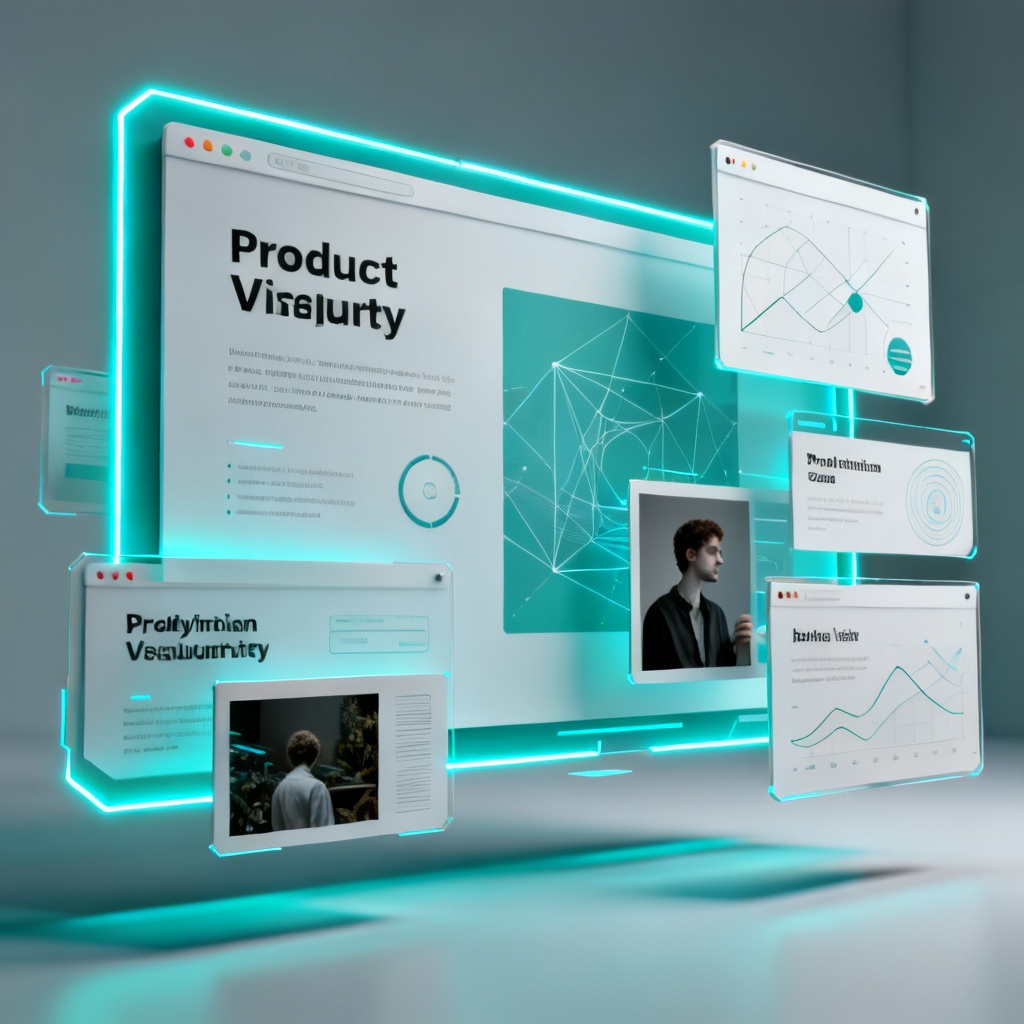 A high-tech digital workspace where a large presentation slide is being deconstructed into separated floating layers, each layer containing text, vector art, and photography, with cyan neon edge lighting showing editable components. Style: clean 3D product visualization, modern aesthetics, high resolution.