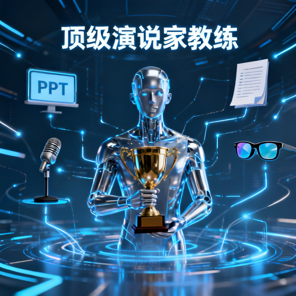 ChatPPT作为“顶级演说家教练”的抽象概念图,中央是一个数字人手持奖杯,周围环绕着PPT图标、演讲稿、麦克风、智能眼镜等元素,风格科技感十足