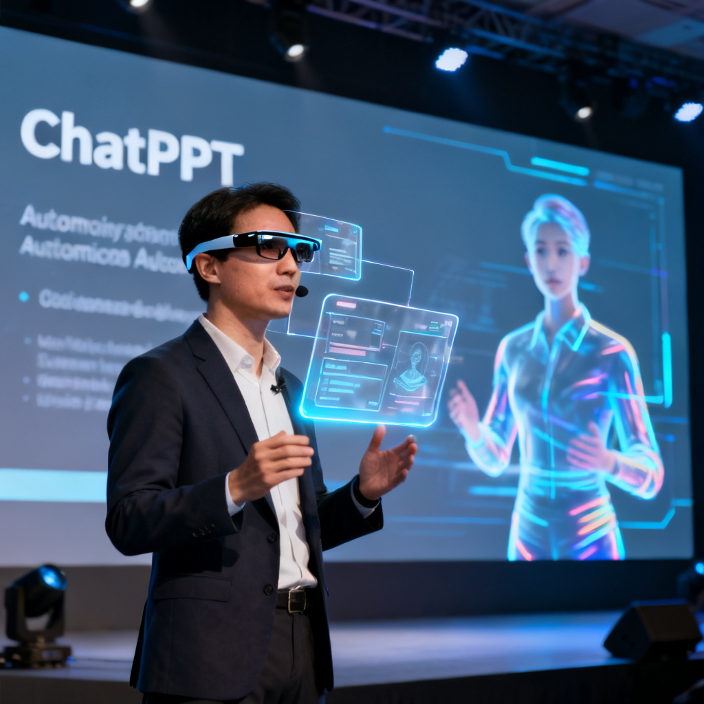 商业路演场景中，一位演讲者佩戴AI智能眼镜，眼前浮现透明提词器界面，身后大屏幕上播放着ChatPPT生成的数字人正在进行自动化演示，画面体现科技感与沉浸感