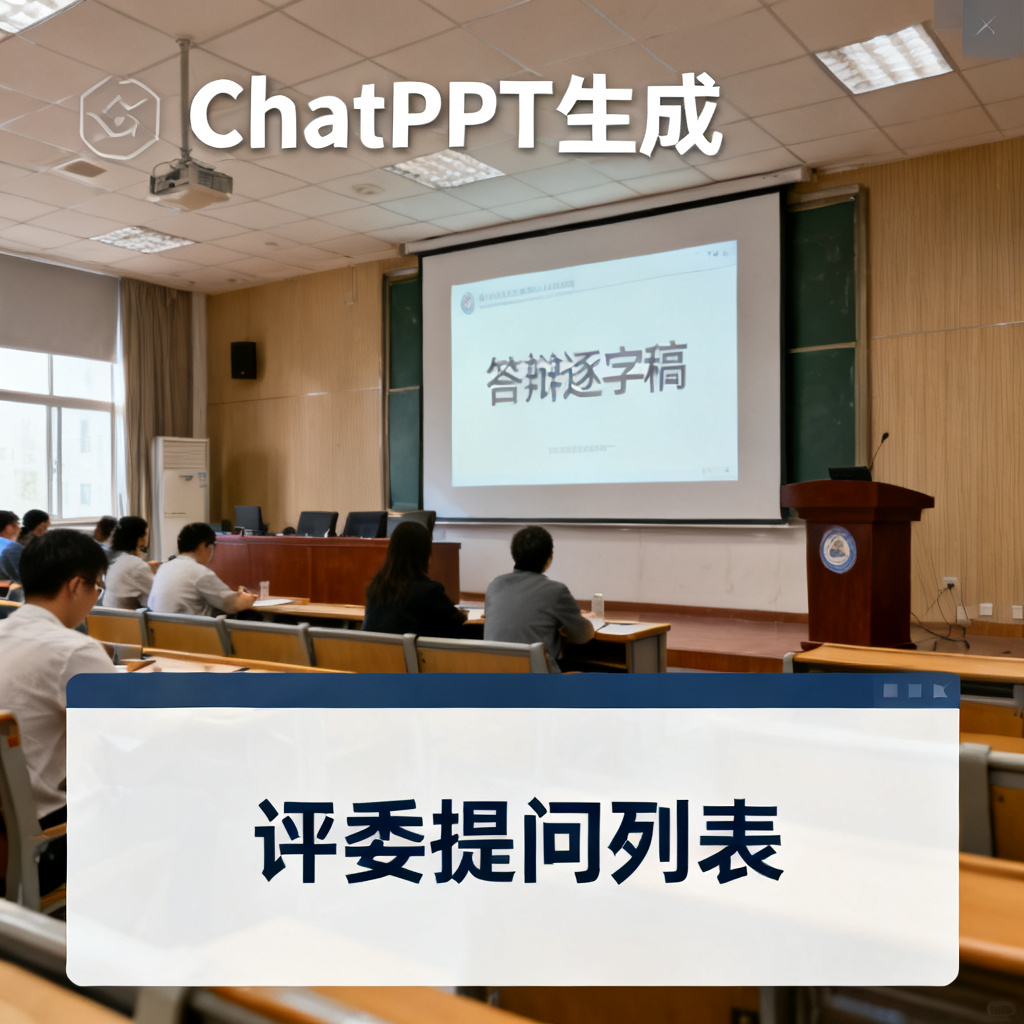 一张截图,显示ChatPPT生成的答辩逐字稿和评委提问列表,背景是答辩现场