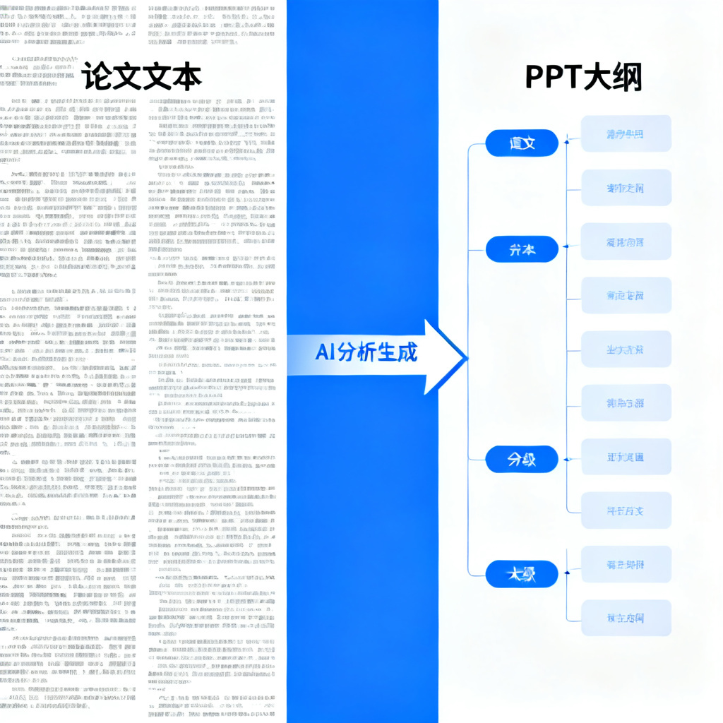 一张展示AI分析论文逻辑结构并自动生成PPT大纲的示意图，左侧是密密麻麻的论文文本，右侧是清晰的分级大纲，中间有箭头连接