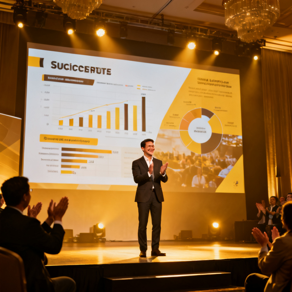 A confident presenter receiving applause on stage, with a large screen showing a complex, well-designed slide, warm lighting emphasizing success.