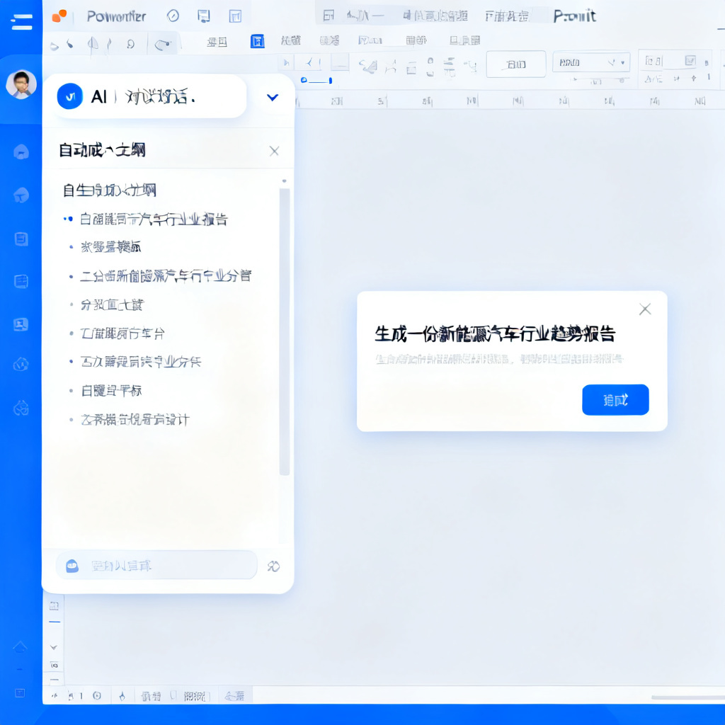Office插件版ChatPPT的界面截图，左侧是AI对话栏，右侧是PowerPoint编辑界面，用户正在输入“生成一份新能源汽车行业趋势报告”，AI自动生成大纲与模板