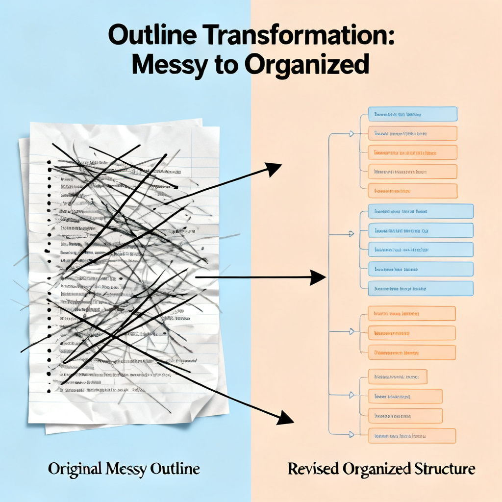 A side-by-side comparison showing a messy, unstructured paper outline on the left and a clean, logically organized presentation structure on the right, with arrows indicating the transformation, diagram style