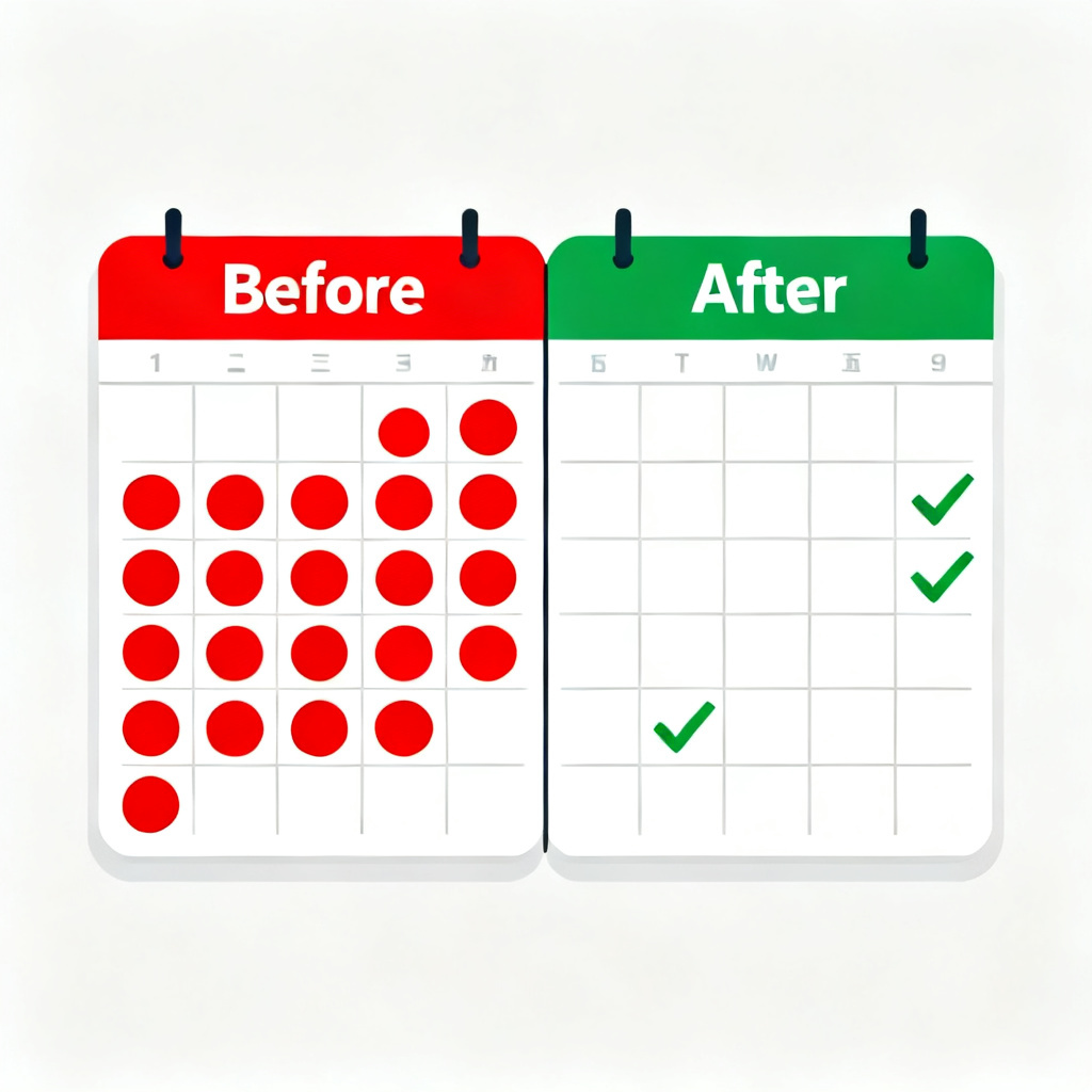 A visual metaphor of a calendar showing reduced preparation time. The 'before' side has many red circles (late nights), while the 'after' side shows only a few green checkmarks, indicating efficient use of time.