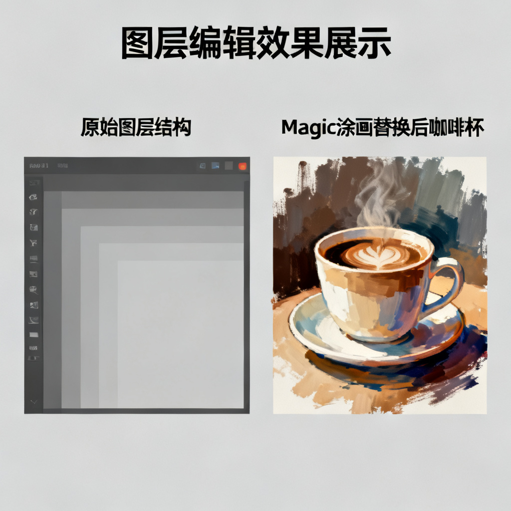 一页可编辑的PPT展示，左侧为原始图层结构，右侧为Magic涂画后替换的咖啡杯，光影与色彩完美融合，显示图层分离状态