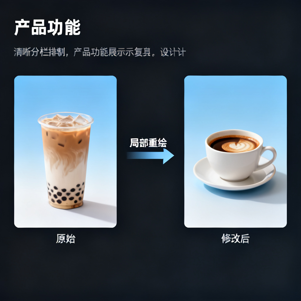 一张展示Magic涂画功能的对比图，左侧为原始PPT页面（包含一杯奶茶，背景为浅蓝色渐变），右侧为修改后的页面（奶茶替换为咖啡，背景保留原有渐变），并标注“局部重绘”箭头
