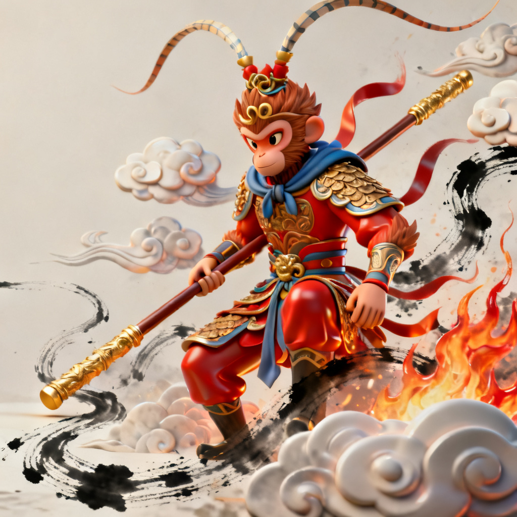 3D西游记风格的产品发布会幻灯片，孙悟空造型的图表元素，水墨笔触与立体感结合，8K渲染