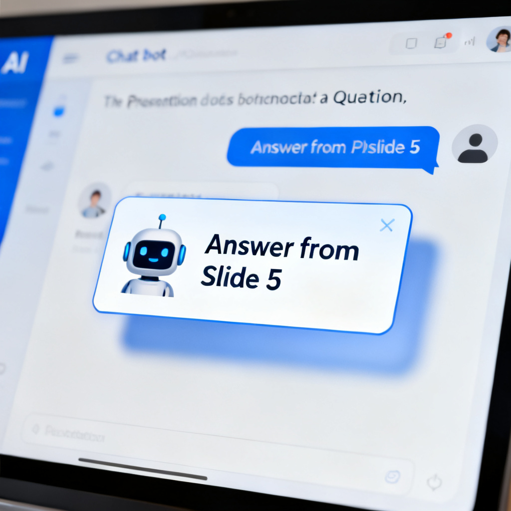 A screen showing an AI chatbot answering a user's question about a presentation, with a highlighted popup indicating the answer is from slide 5, showing the exact page reference