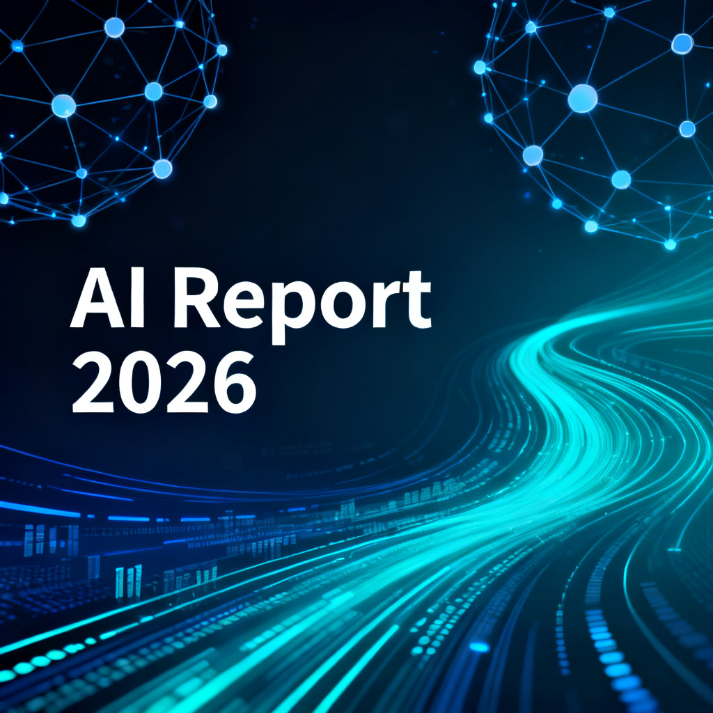 A futuristic PowerPoint cover slide with title 'AI Report 2026', background of digital network nodes and data streams, sleek dark blue and cyan gradient, modern sans-serif font, high-tech aesthetic, 16:9 aspect ratio