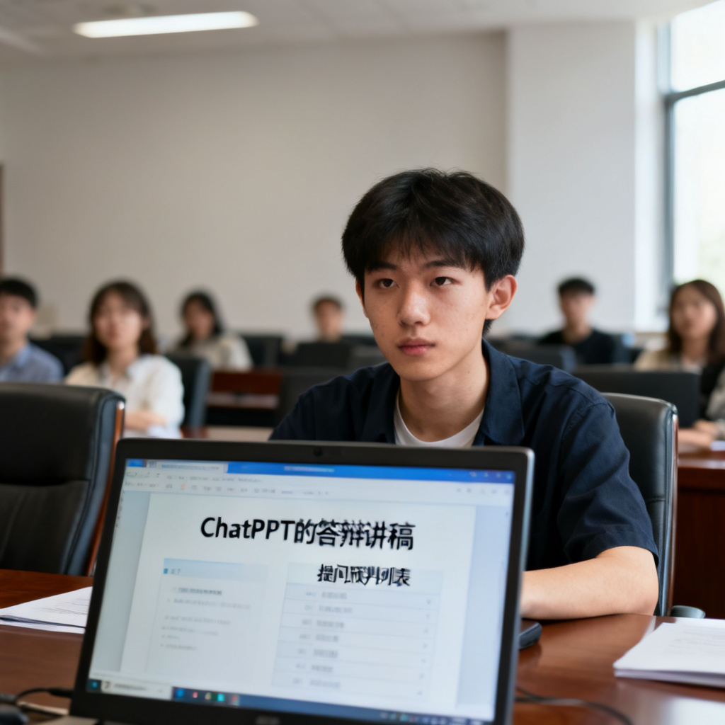 一位学生坐在会议室中，面前的电脑屏幕上显示着ChatPPT的答辩讲稿与提问预判列表，人物表情专注，浅景深，写实风格