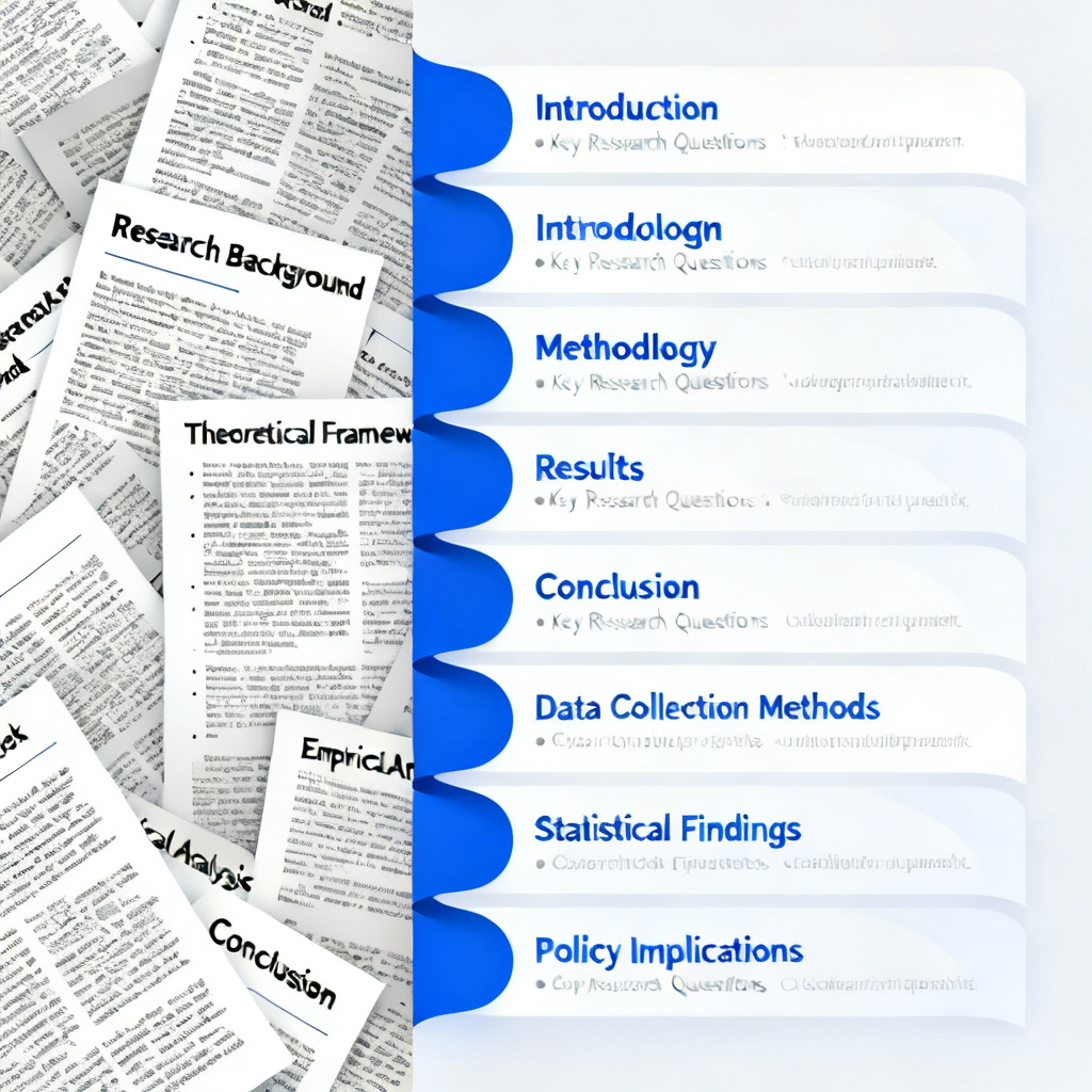 A detailed infographic showing the process of transforming a dense academic paper outline into a logical, slide-by-slide presentation structure. The left side shows a chaotic text cluster, while the right side shows a clean, flowing sequence of slides with clear headings and bullet points.
