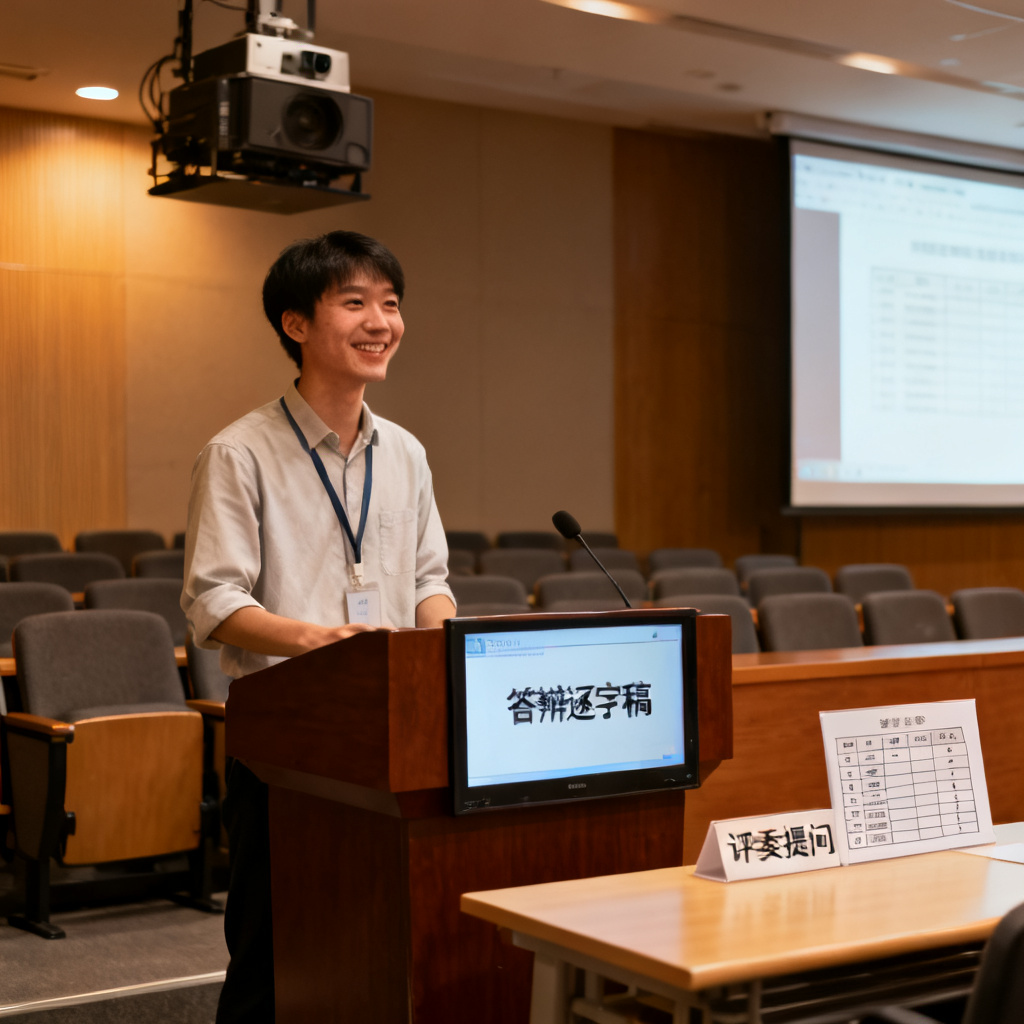 ChatPPT生成的答辩逐字稿和“评委提问”列表，用户正在模拟答辩，表情自信，背景为学术报告厅。