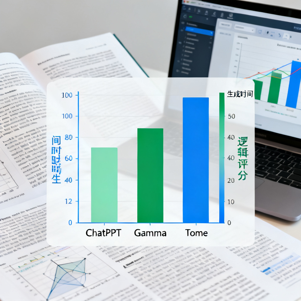 一张对比图表,显示ChatPPT、Gamma、Tome在生成时间、逻辑评分上的柱状图,背景为学术论文和电脑屏幕
