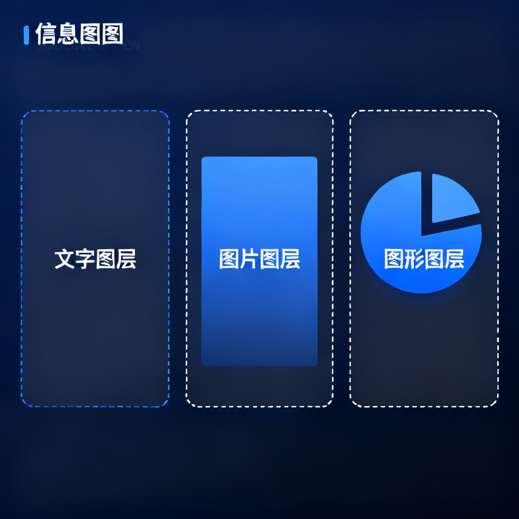 原子级图层分离示意图，文字、图片、图形被独立拆解为可编辑图层