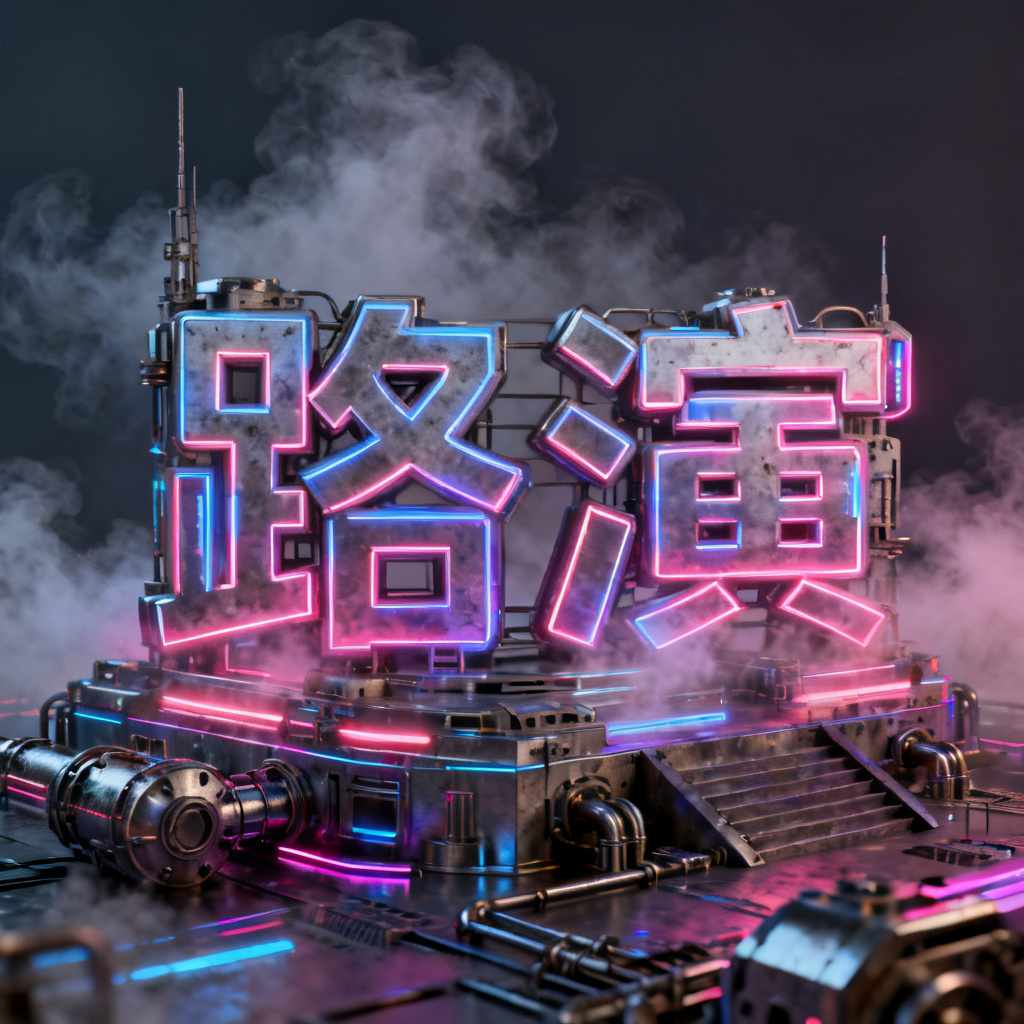 3D赛博朋克风格的路演PPT封面，主视觉是金属质感的机械建筑，霓虹灯与雾气交织，字体设计充满未来感，高对比度光影，4K渲染