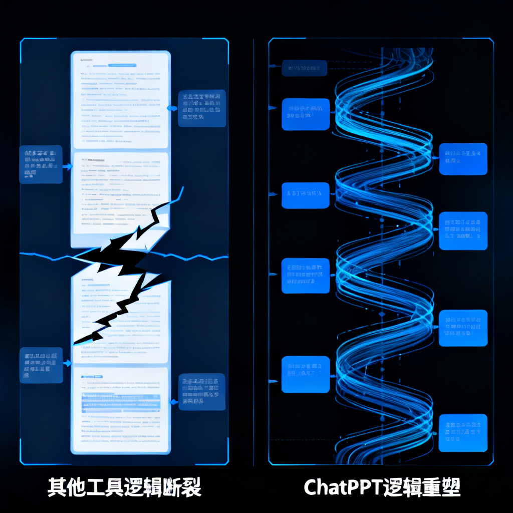一张对比图,左侧显示其他工具处理长文本时逻辑断裂的示意图,右侧显示ChatPPT逻辑重塑后的流畅结构,科研风格,蓝色调,数据流线条。
