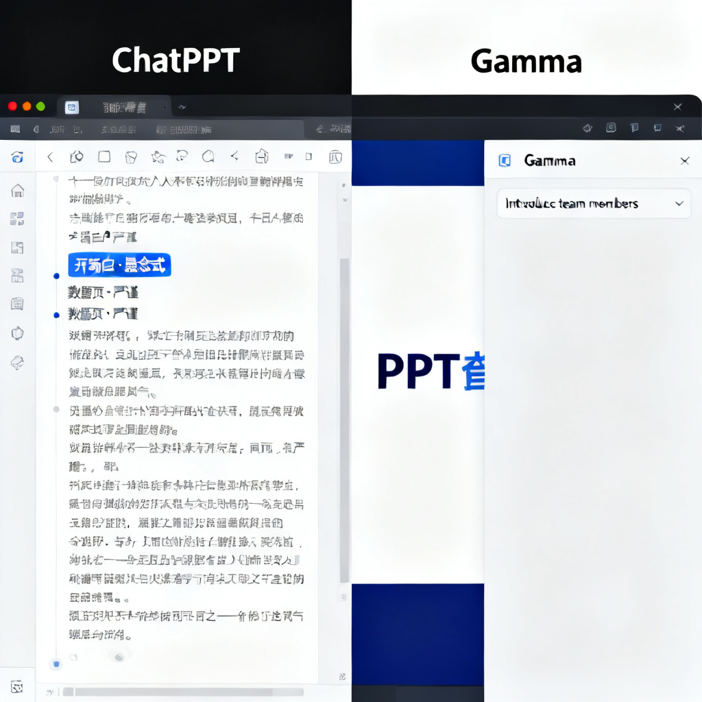 一张对比截图,左侧为ChatPPT的演讲者视图界面,左侧显示完整段落讲稿并标注语气类型词(如“开场白·悬念式”“数据页·严谨”),右侧对应PPT幻灯片;右侧为Gamma的备注栏界面,仅显示一行“Introduce team members”的提示文字,形成鲜明对比