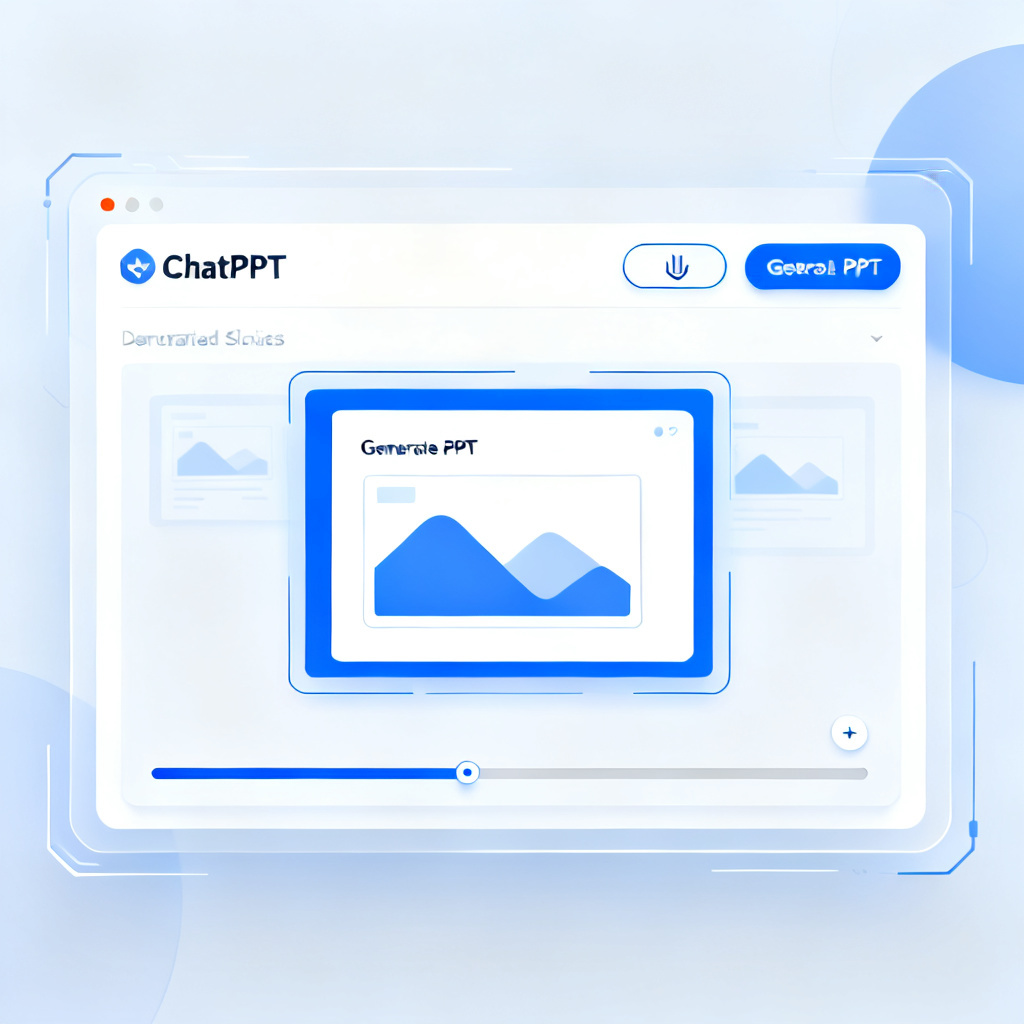 A futuristic, clean interface showing the ChatPPT dashboard with an upload button, a 'Generate PPT' button, and a progress bar. The screen displays a preview of the generated slides.