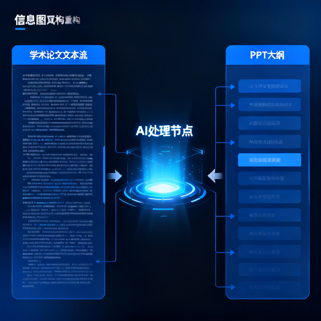 信息图风格，左侧是一篇长篇学术论文的文本流，中间有一个发光的AI处理节点，右侧输出为结构清晰的PPT大纲，箭头表示逻辑重构。