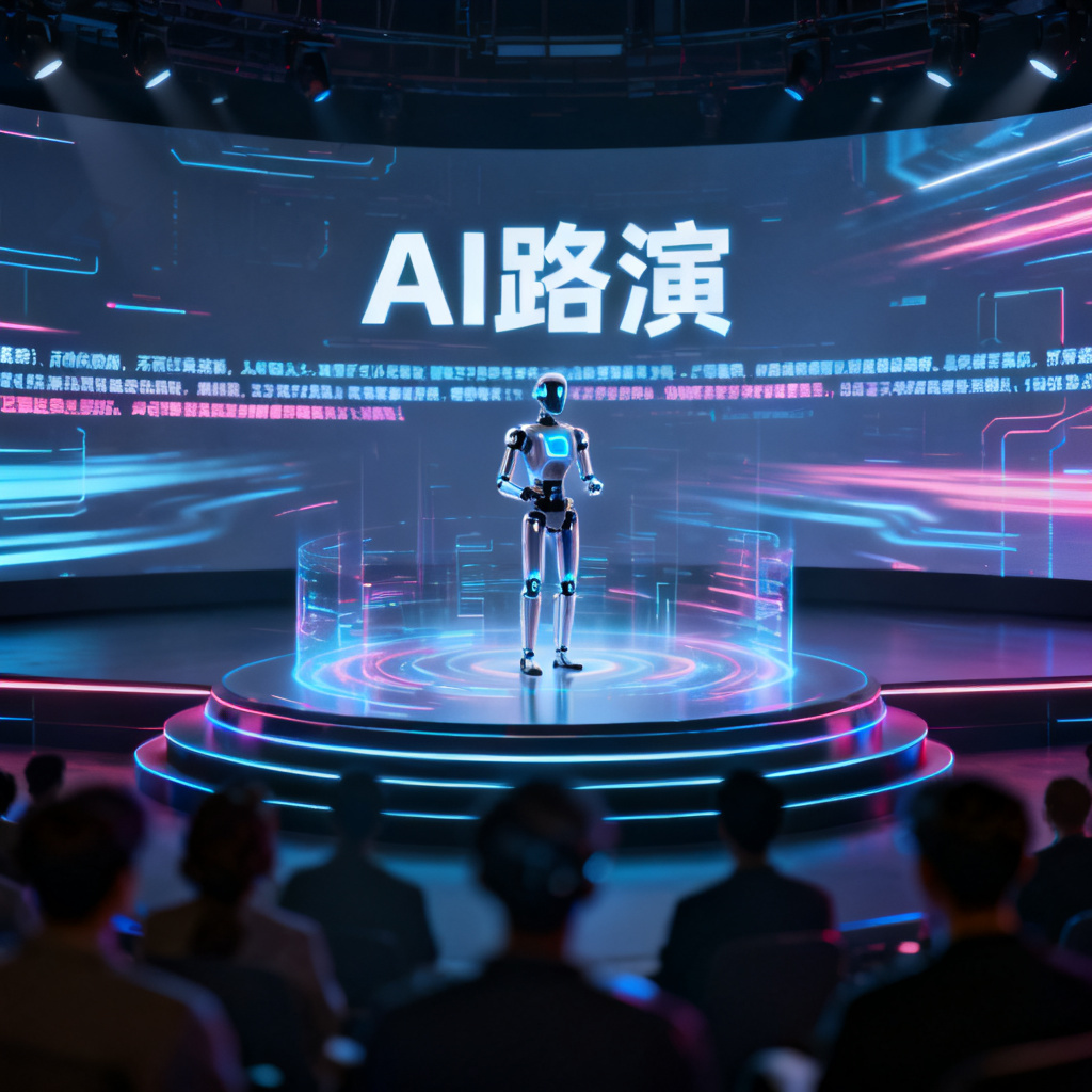 一个AI数字人正在虚拟舞台上进行路演，台下是模糊的观众，屏幕显示“AI路演”字样与实时字幕，风格为赛博朋克与科技感结合