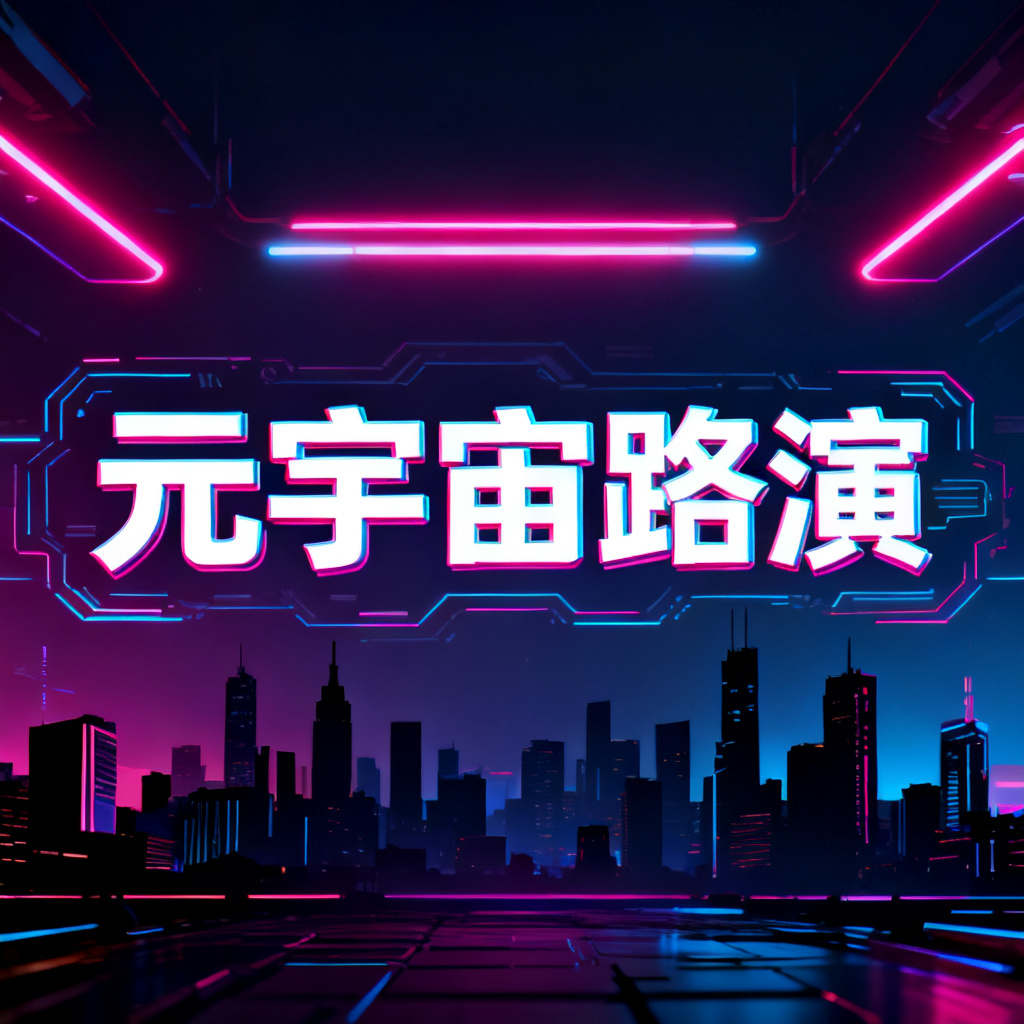 一张赛博朋克风格的元宇宙路演PPT封面，霓虹灯光，城市剪影，科技感字体，高对比度，细节丰富