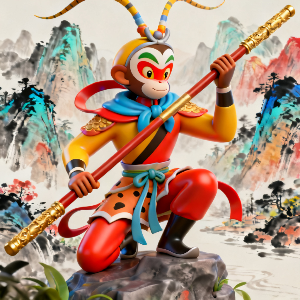 3D西游记风格，孙悟空手持金箍棒，背景是水墨画风格的山川，色彩鲜艳，具有立体感