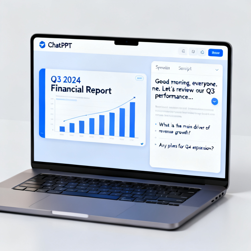 A laptop screen showing ChatPPT interface with two panels: left panel displays a PPT slide, right panel shows a speech script and a list of potential Q&A questions. Style: UI mockup, clean, professional.