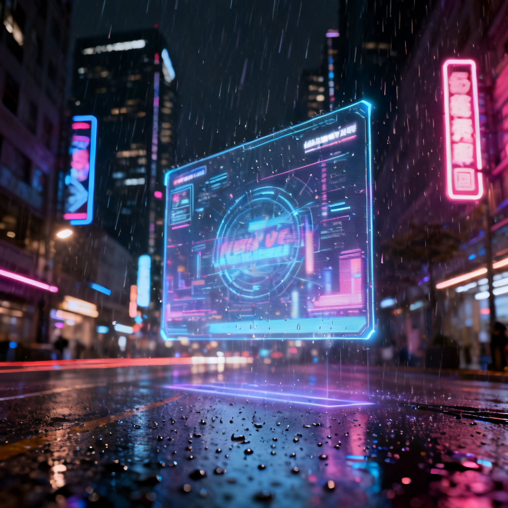 赛博朋克风格的城市夜景，霓虹灯光，全息广告牌，雨滴反射，高对比度，4k