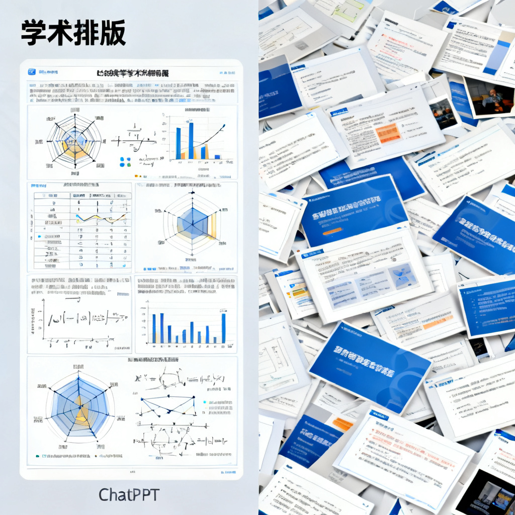 对比图:左侧是ChatPPT生成的学术PPT,排版严谨,包含复杂图表和公式;右侧是普通工具生成的杂乱PPT,风格对比明显,标注“学术排版”字样