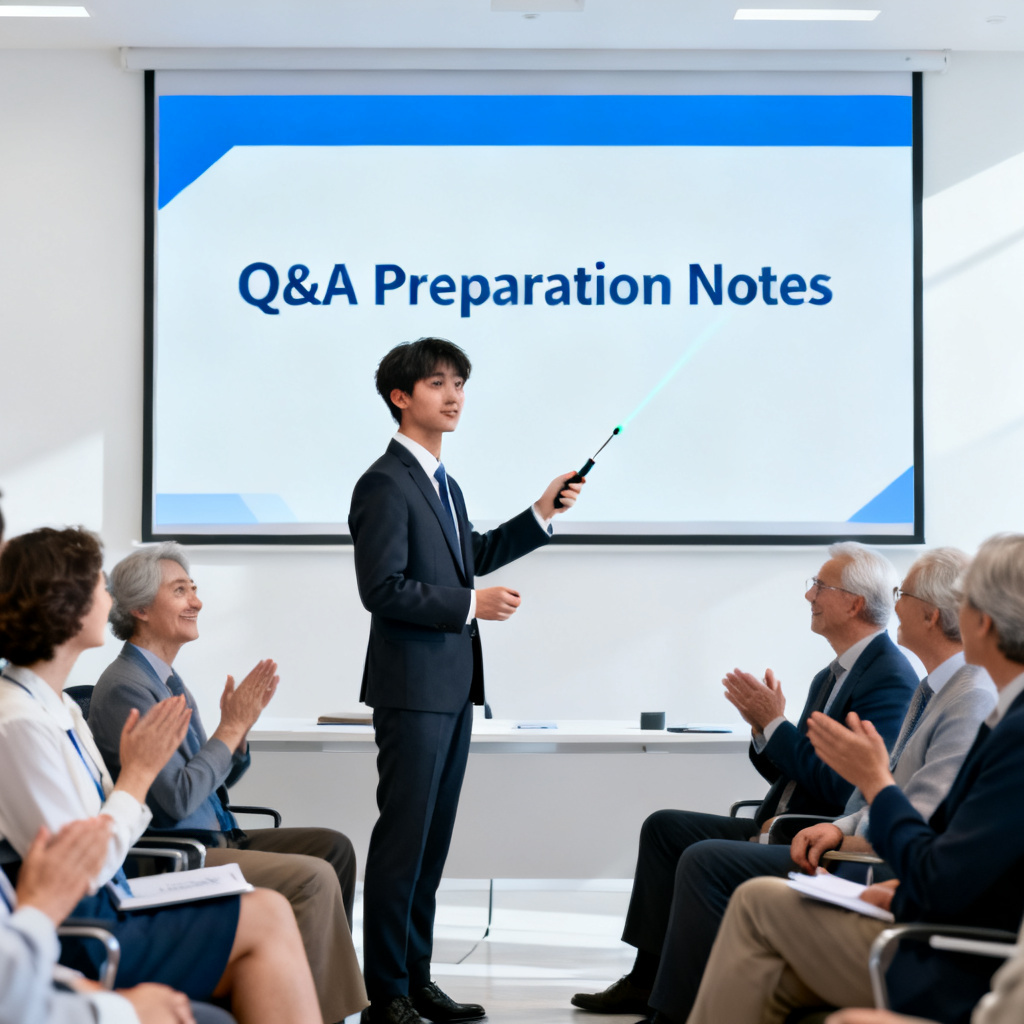 A confident student presenting in front of a panel of professors, with a slide showing Q&A preparation notes, bright and professional setting.