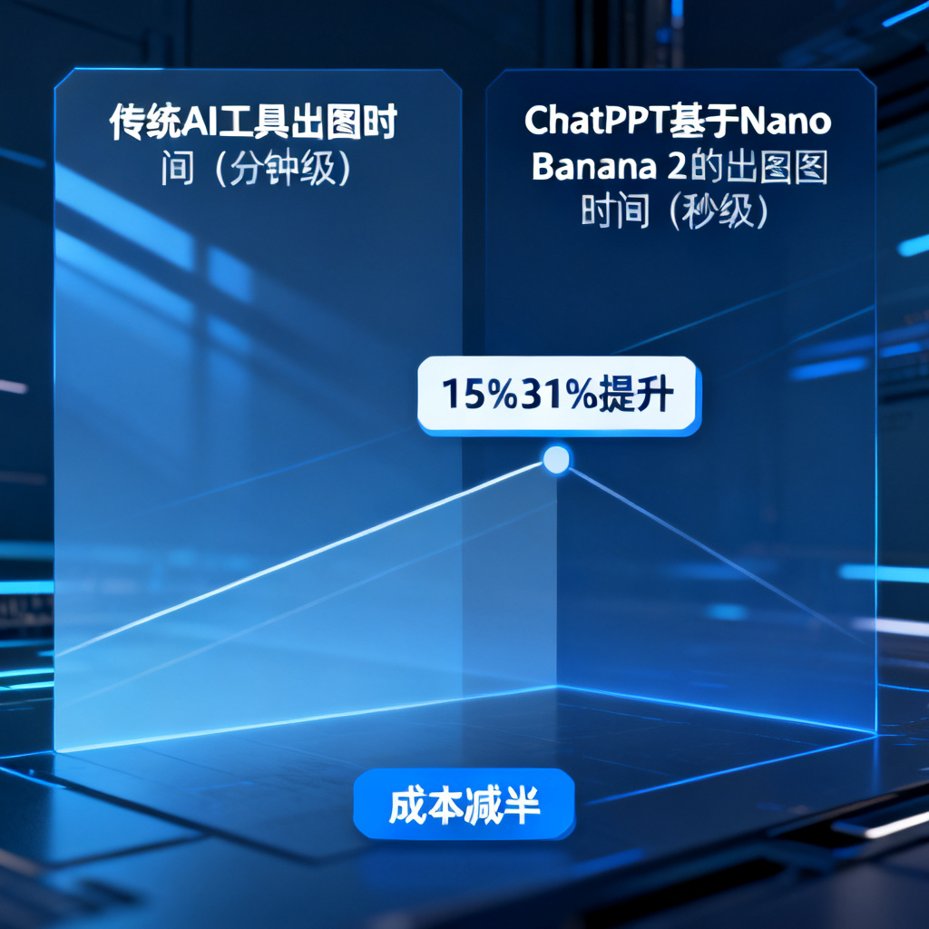效率对比图，左侧显示传统AI工具出图时间（分钟级），右侧显示ChatPPT基于Nano Banana 2的出图时间（秒级），数据标注15%-31%提升，成本减半标签，科技感设计