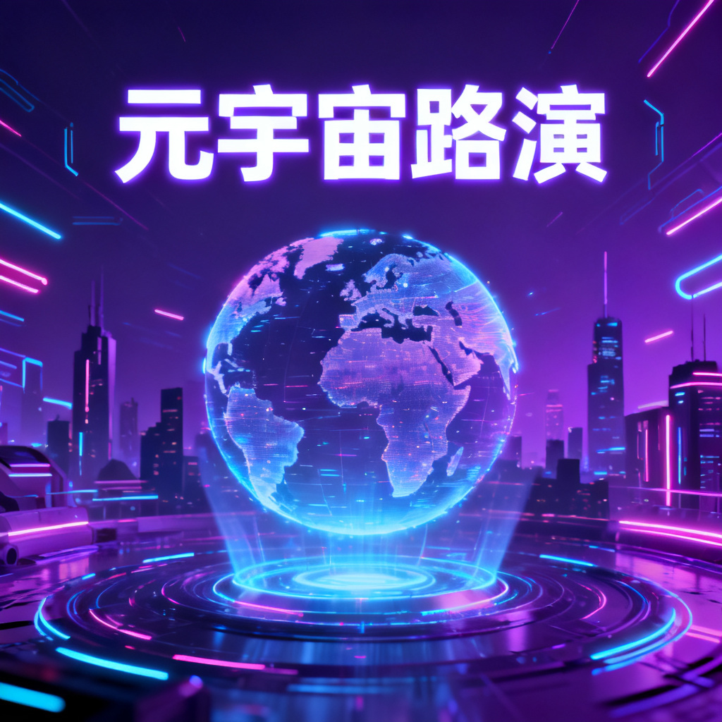 一张赛博朋克风格的元宇宙路演PPT封面，霓虹灯光与科技感元素，主色调为紫色和蓝色，页面中央为全息投影地球，背景为未来城市轮廓