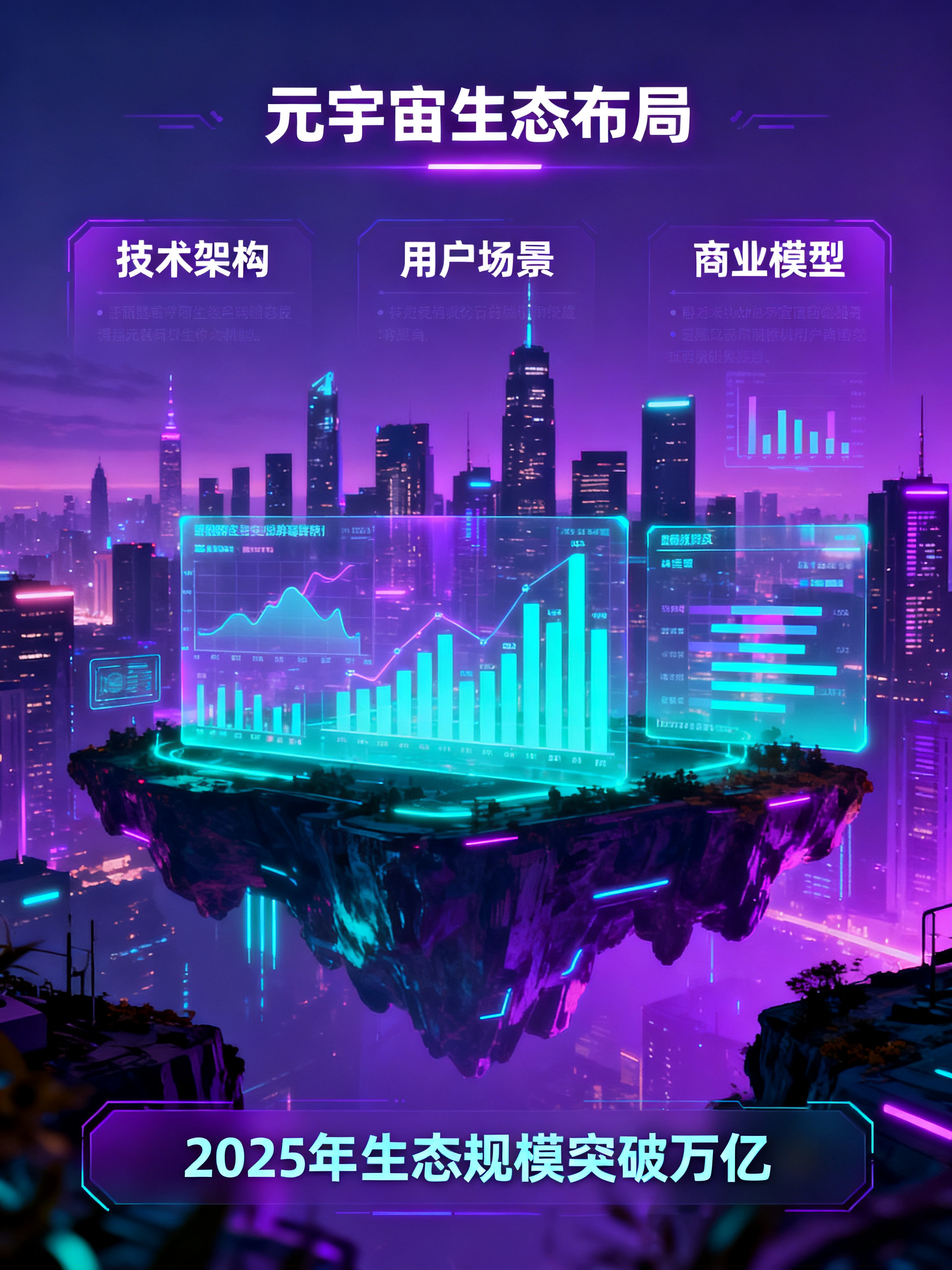 一张赛博朋克风格的元宇宙路演演示页面，霓虹紫与青色光效，悬浮城市天际线，数据图表与全息文字层叠，页面结构清晰，包含标题、三栏要点与底部结论区，高级视觉设计