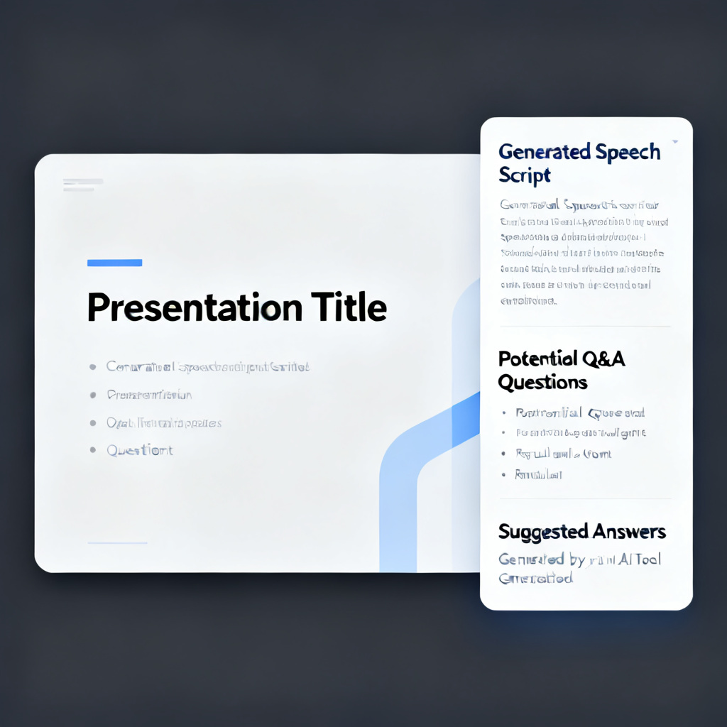 An interface showing a PPT slide with a side panel displaying a detailed speech script and a list of potential Q&A questions with suggested answers, all generated by an AI tool