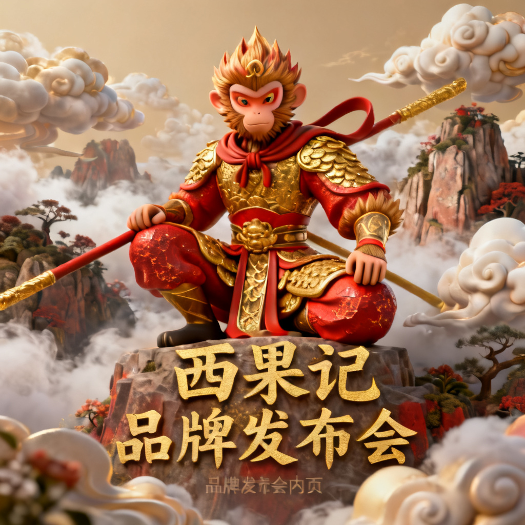 3D西游记风格品牌发布会内页，主体为立体质感的孙悟空形象，背景是云雾缭绕的花果山，字体为古风隶书，金色与红色主色调，带有纹理细节，4K渲染