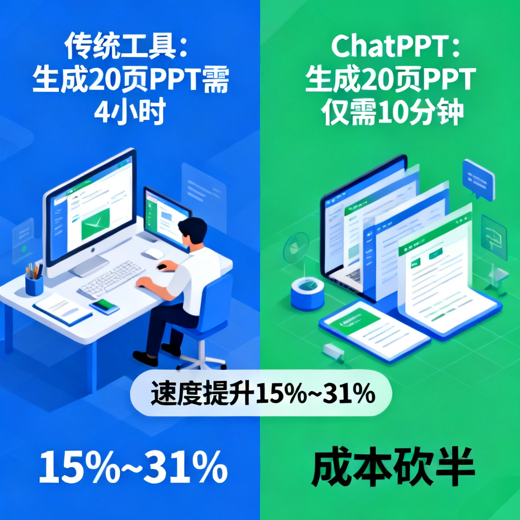一张对比图表，左侧显示传统工具生成20页PPT需要4小时，右侧显示ChatPPT仅需10分钟，下方标注速度提升15%~31%，成本砍半。