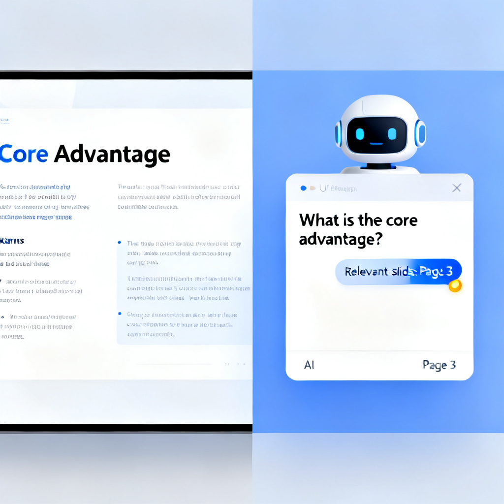 A split-screen interface: left side shows a slide from a presentation, right side shows a chatbot window where a user asks 'What is the core advantage?' and the AI response highlights the relevant slide with a page number.